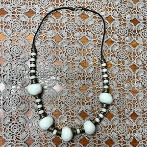 Vintage White Irregular Glass Ceramic Beaded Necklace with Leather Cord